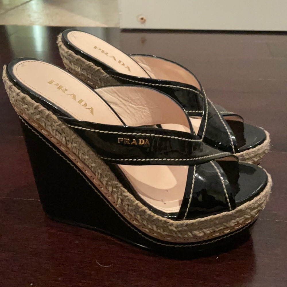 Prada Glossy Black Espadrille Wedges